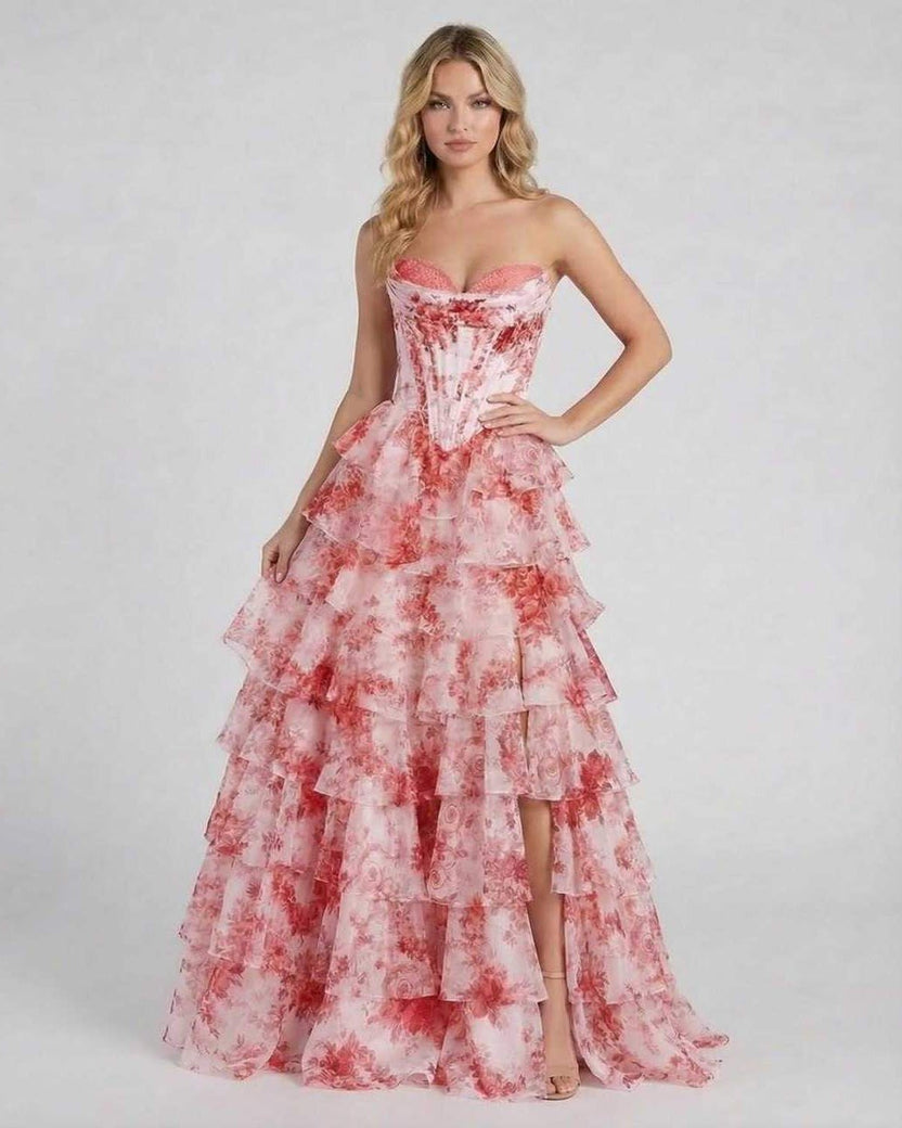 Rosalia Maxi Dress by Lauven - Romantic pink floral tiered chiffon gown with corset bodice and high slit.