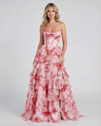 Rosalia Maxi Dress by Lauven - Romantic pink tiered chiffon gown with structured corset and high slit.