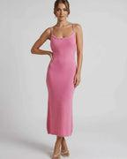 Rosalia Midi Dress by Lauven in pink, featuring spaghetti straps and a flattering slim silhouette.