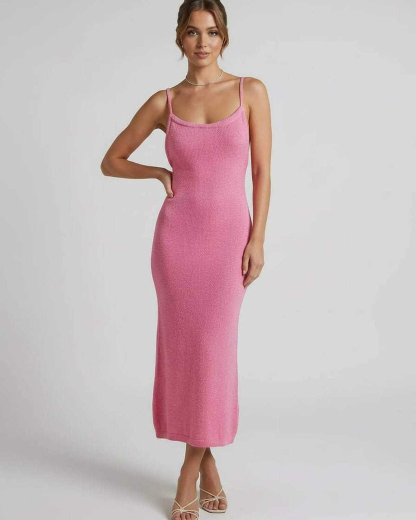 Rosalia Midi Dress by Lauven in pink, featuring spaghetti straps and a flattering slim silhouette.