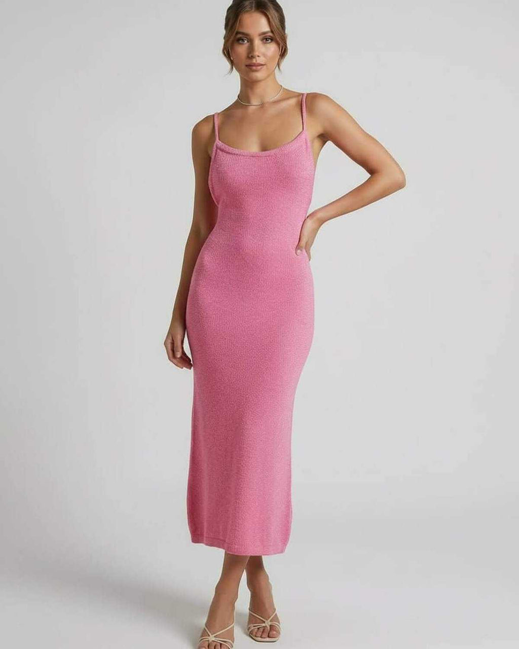 Rosalia Midi Dress by Lauven - Pink spaghetti strap midi dress with a slim silhouette and stylish elegance.