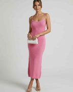 Rosalia Midi Dress by Lauven - Pink spaghetti strap midi dress showcasing a slim silhouette and elegant style.