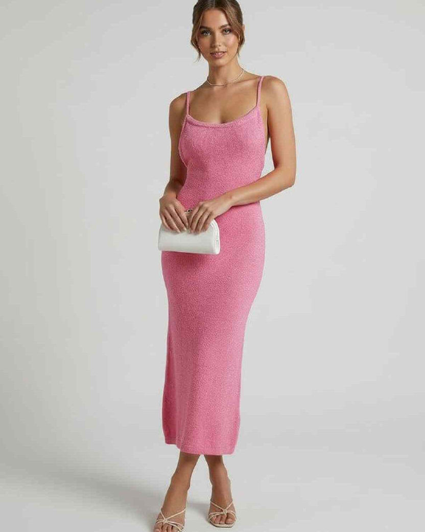 Rosalia Midi Dress by Lauven - Pink spaghetti strap midi dress showcasing a slim silhouette and elegant style.