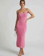 Rosalia Midi Dress - Pink Spaghetti Strap Midi Dress by Lauven, featuring an elegant slim silhouette and soft stretch fabric.
