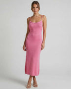 Rosalia Midi Dress by Lauven - Pink Spaghetti Strap Midi Dress with Elegant Slim Silhouette