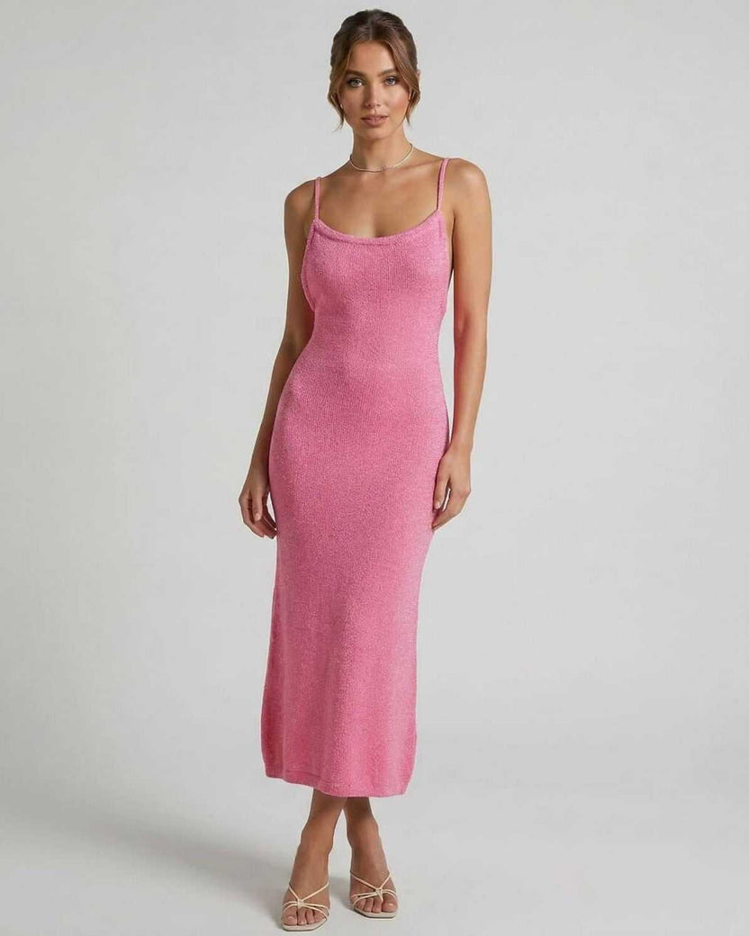 Rosalia Midi Dress by Lauven - Pink Spaghetti Strap Midi Dress with Elegant Slim Silhouette