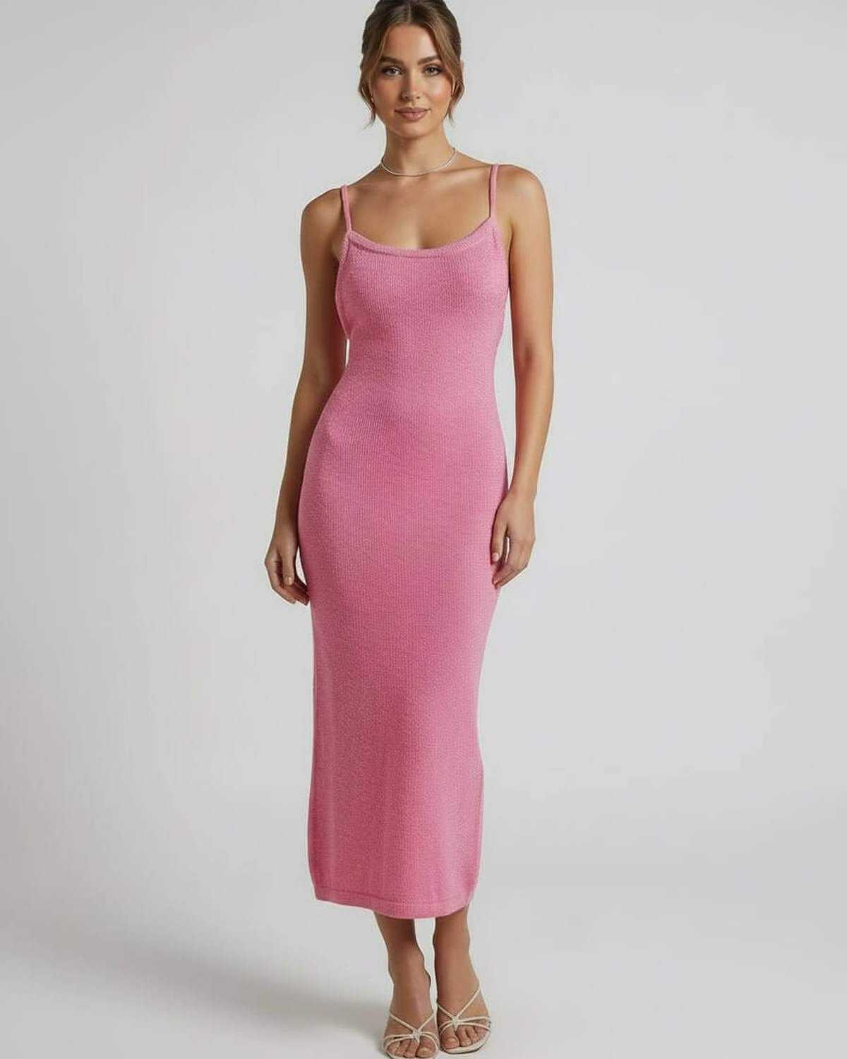 Rosalia Midi Dress by Lauven in pink, showcasing a slim silhouette with spaghetti straps, perfect for modern elegance.