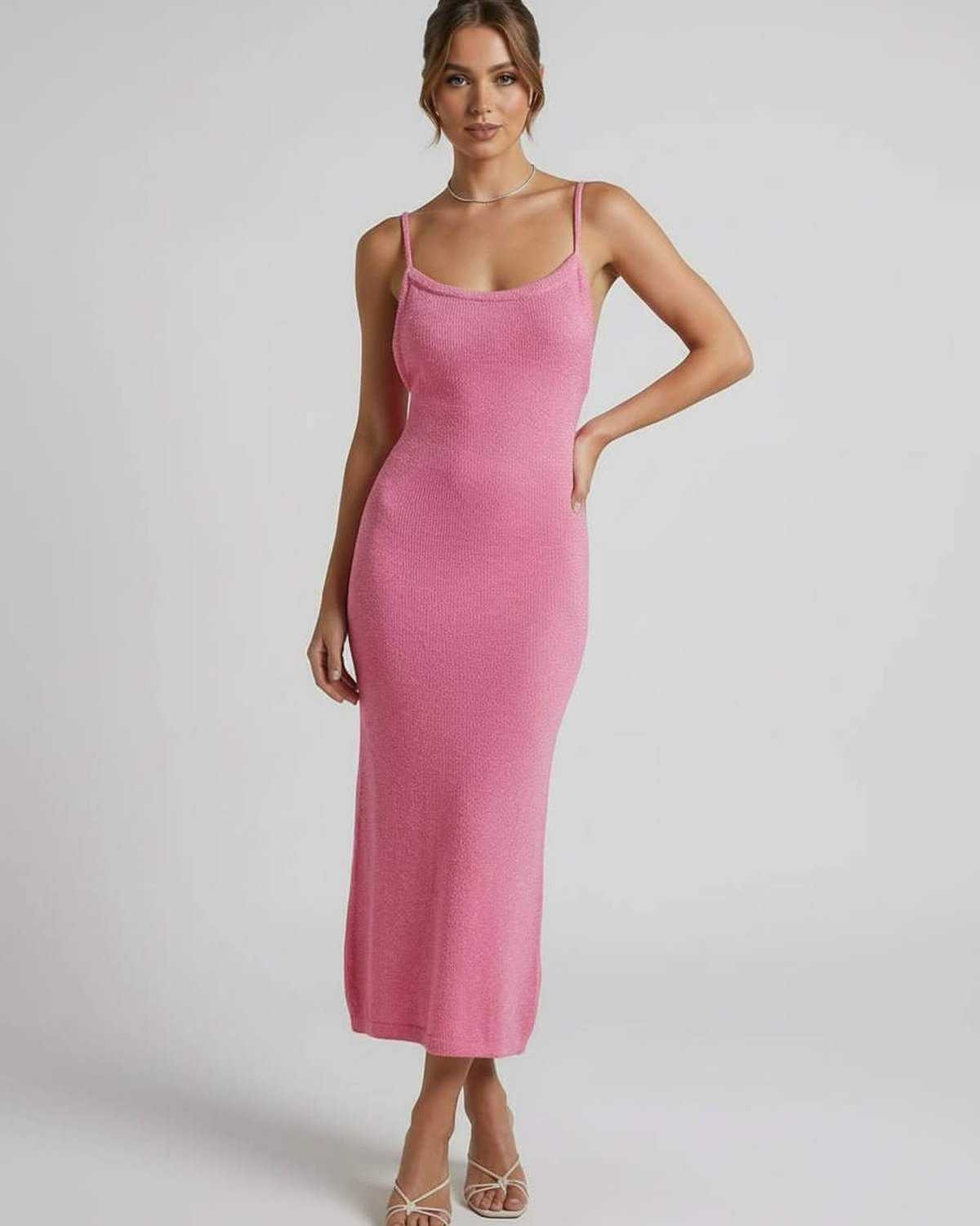 Rosalia Midi Dress by Lauven - Pink spaghetti strap midi dress showcasing an elegant slim silhouette.