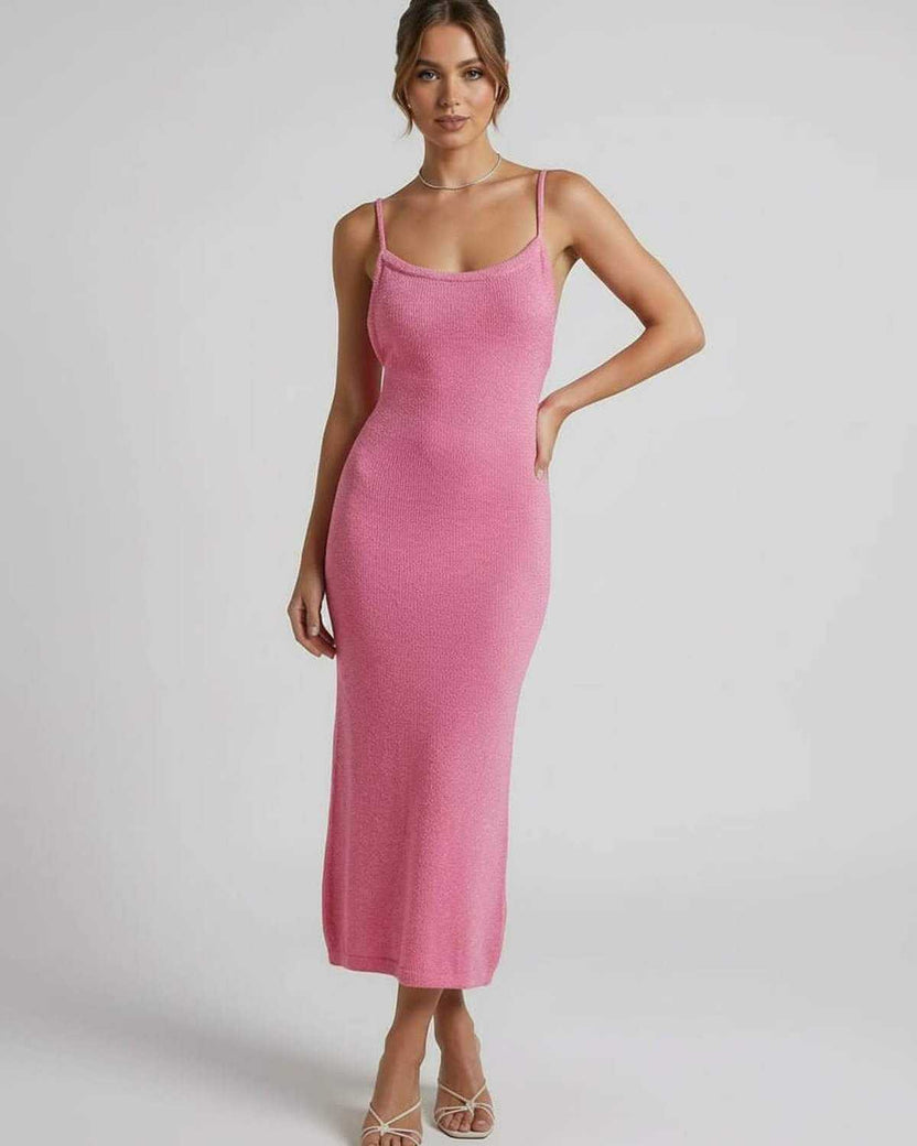 Rosalia Midi Dress by Lauven - Pink spaghetti strap midi dress showcasing an elegant slim silhouette.