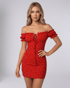 Rosalia Mini Dress by Lauven - Red Floral Off Shoulder Mini Dress with delicate accents and structured bodice.