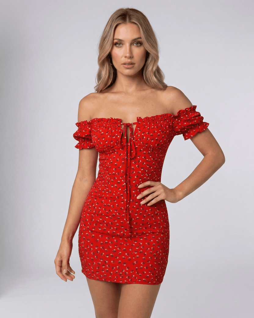 Rosalia Mini Dress by Lauven - Red Floral Off Shoulder Mini Dress with delicate accents and structured bodice.