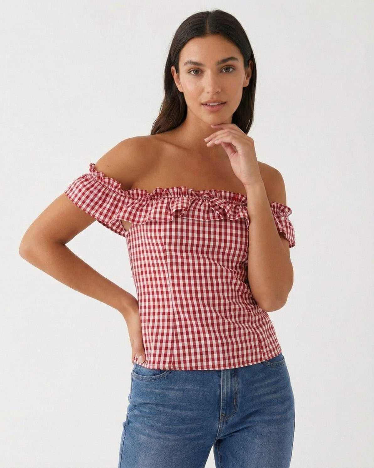 Rosalie Gingham Top by Lauven - Women's red plaid off-shoulder summer top with ruffle detailing.
