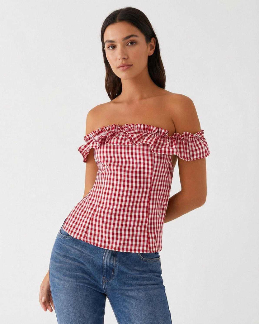 Rosalie Gingham Top by Lauven - Women’s off-shoulder red plaid summer top with a slim fit.