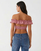 Rosalie Gingham Top by Lauven - Women's Red Plaid Off-Shoulder Summer Top, back view showcasing ruffled neckline.