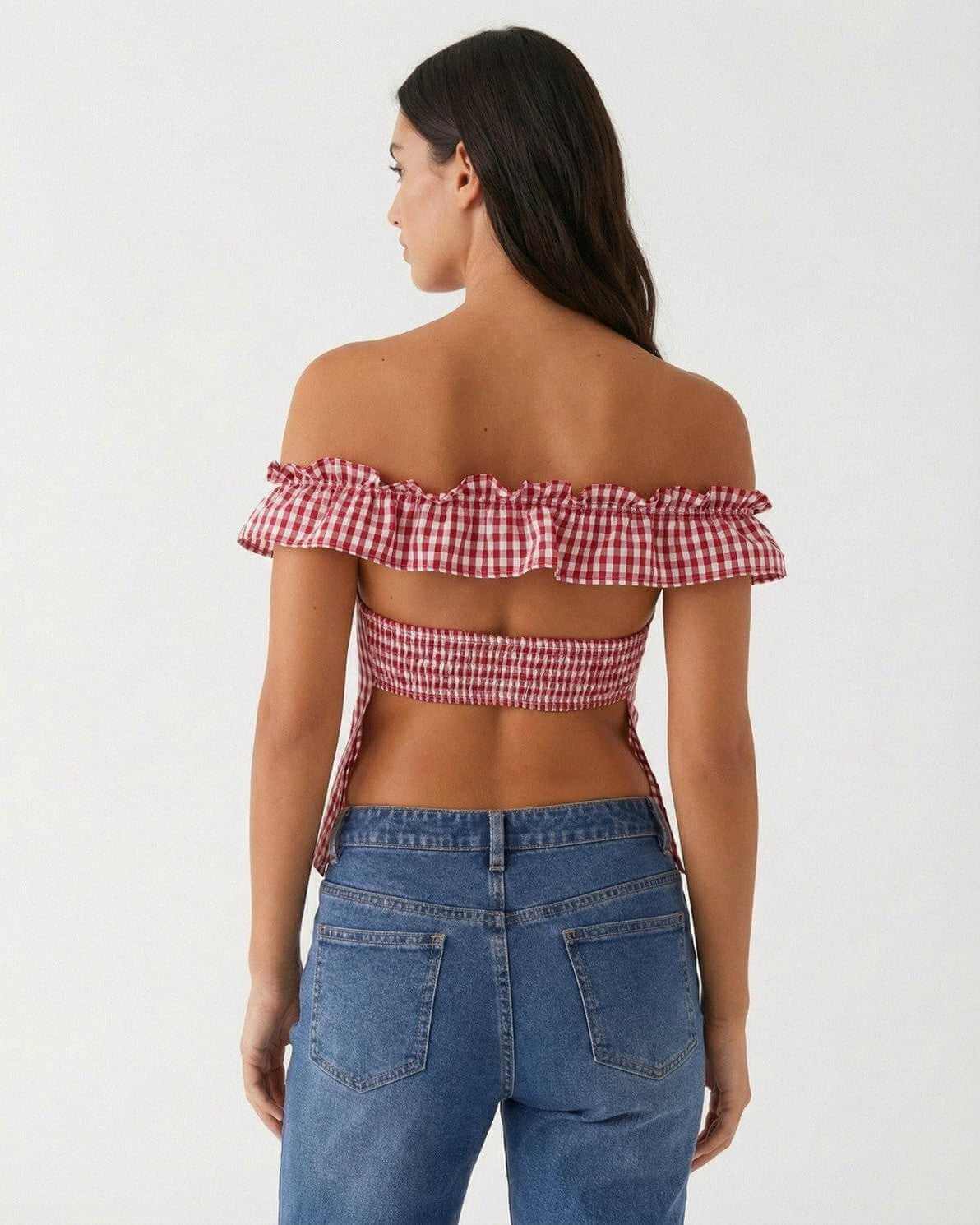 Rosalie Gingham Top by Lauven - Women's Red Plaid Off-Shoulder Summer Top, back view showcasing ruffled neckline.