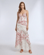 Rosalie Maxi Dress showing floral lace, ruffle details, V-neck style, and lightweight fabric by Lauven.