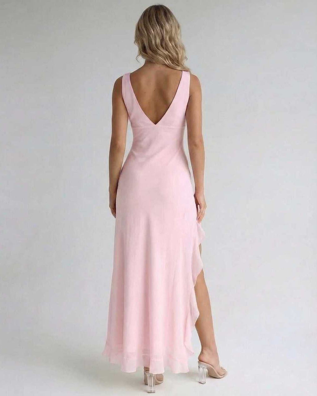 Rosalie Maxi Dress - Elegant pink back view with ruffle slit and flowing silhouette by Lauven.