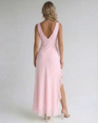 Rosalie Maxi Dress - Elegant pink back view with ruffle slit and flowing silhouette by Lauven.