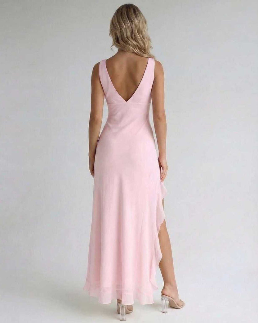 Rosalie Maxi Dress - Elegant pink back view with ruffle slit and flowing silhouette by Lauven.