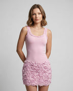 Rosalie Mini Dress by Lauven, pink bodycon dress with 3D floral texture and sleeveless design.