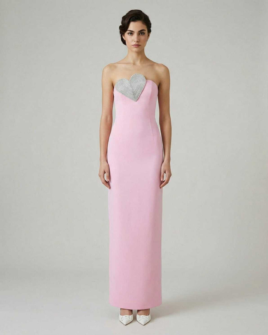 Rosalind Maxi Dress by Lauven - Pink strapless sheath dress with embellished heart detail.