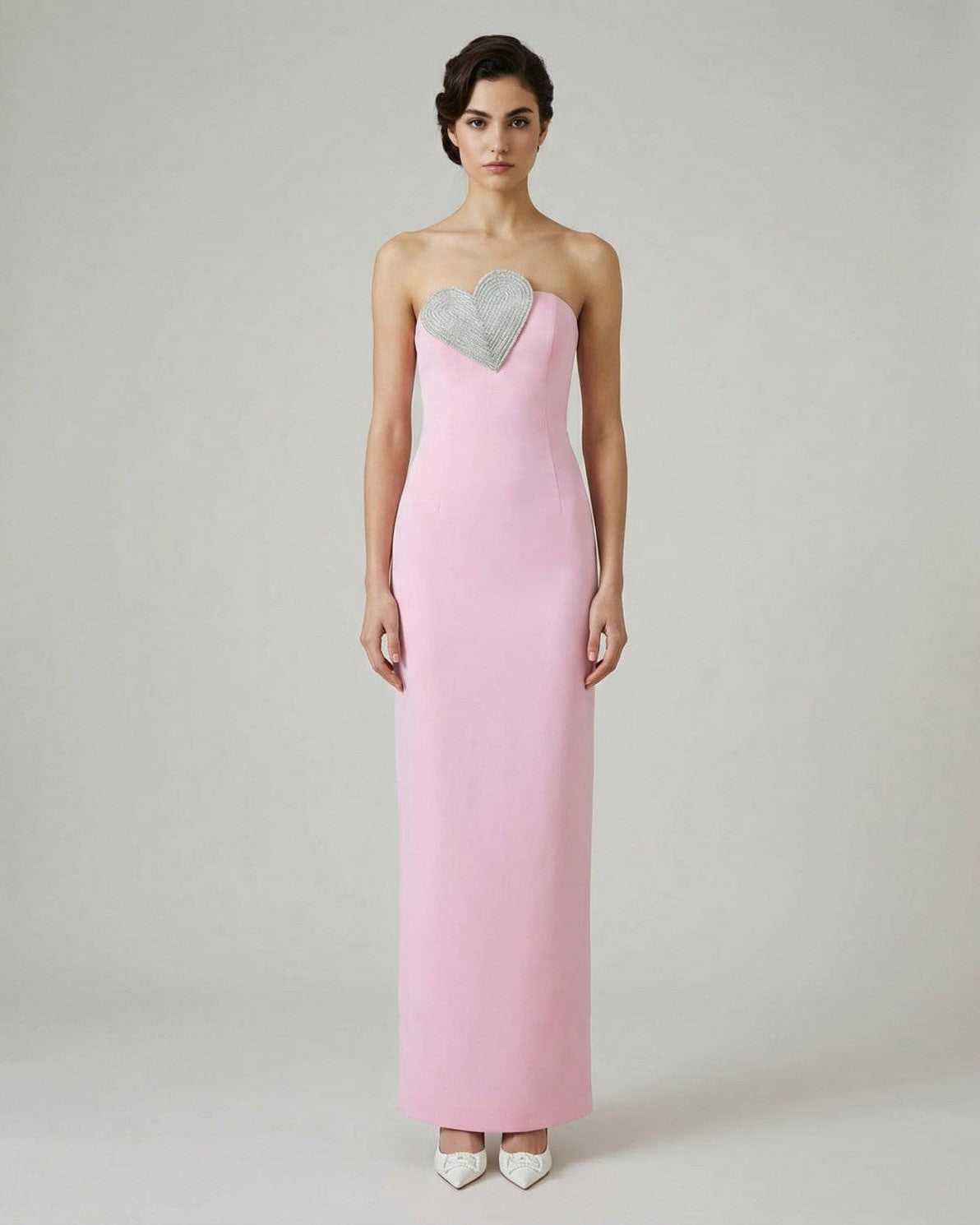 Rosalind Maxi Dress by Lauven - Pink strapless sheath dress with embellished heart detail.