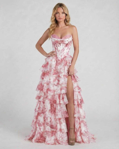 Rose Maxi Dress by Lauven featuring a pink floral tiered chiffon design, perfect for elegant special occasions.