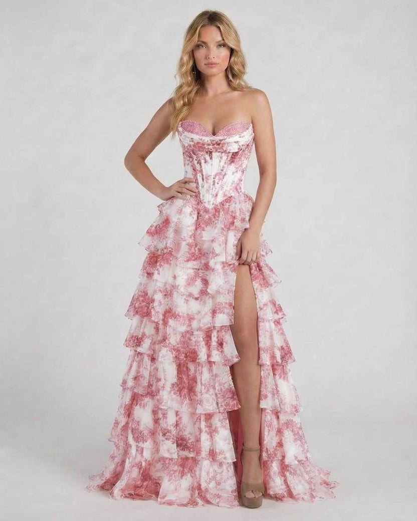 Rose Maxi Dress by Lauven featuring a pink floral tiered chiffon design, perfect for elegant special occasions.