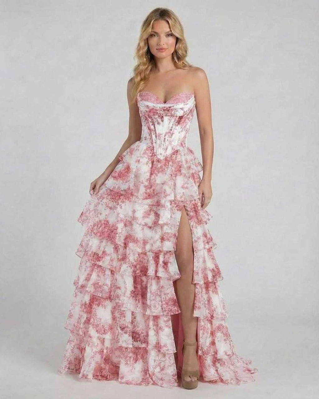 Rose Maxi Dress by Lauven - Pink Floral Tiered Chiffon Prom Dress with corset bodice and graceful layers.