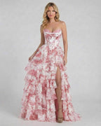 Rose Maxi Dress by Lauven - Pink Floral Tiered Chiffon Prom Dress with corset bodice and graceful layers.