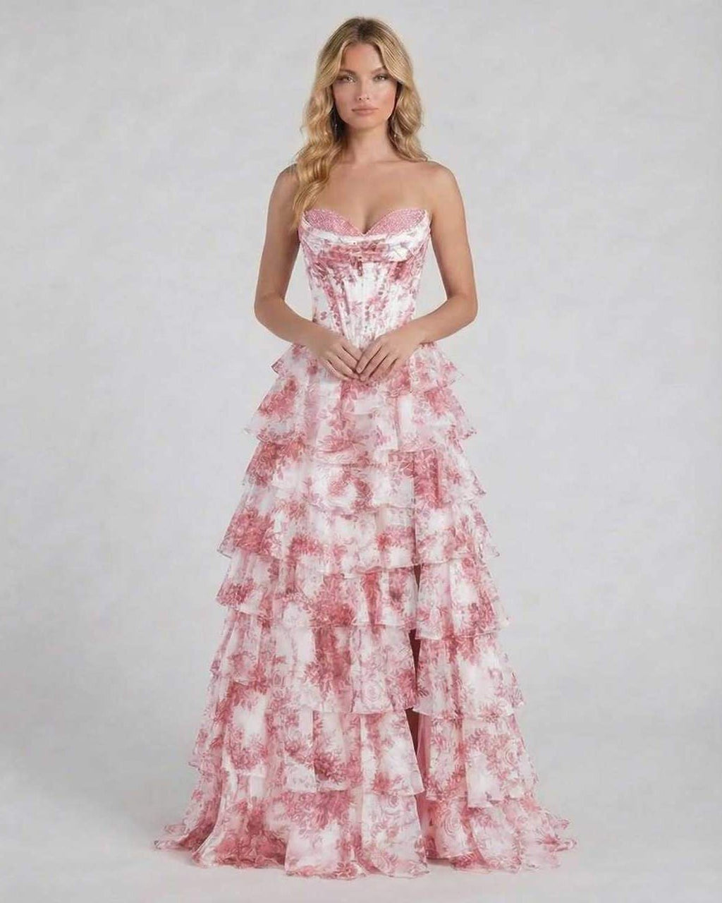 Rose Maxi Dress by Lauven, pink floral tiered chiffon prom dress with strapless bodice and cascading layers.