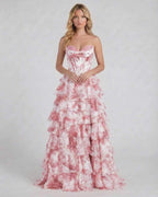 Rose Maxi Dress by Lauven, pink floral tiered chiffon prom dress with strapless bodice and cascading layers.