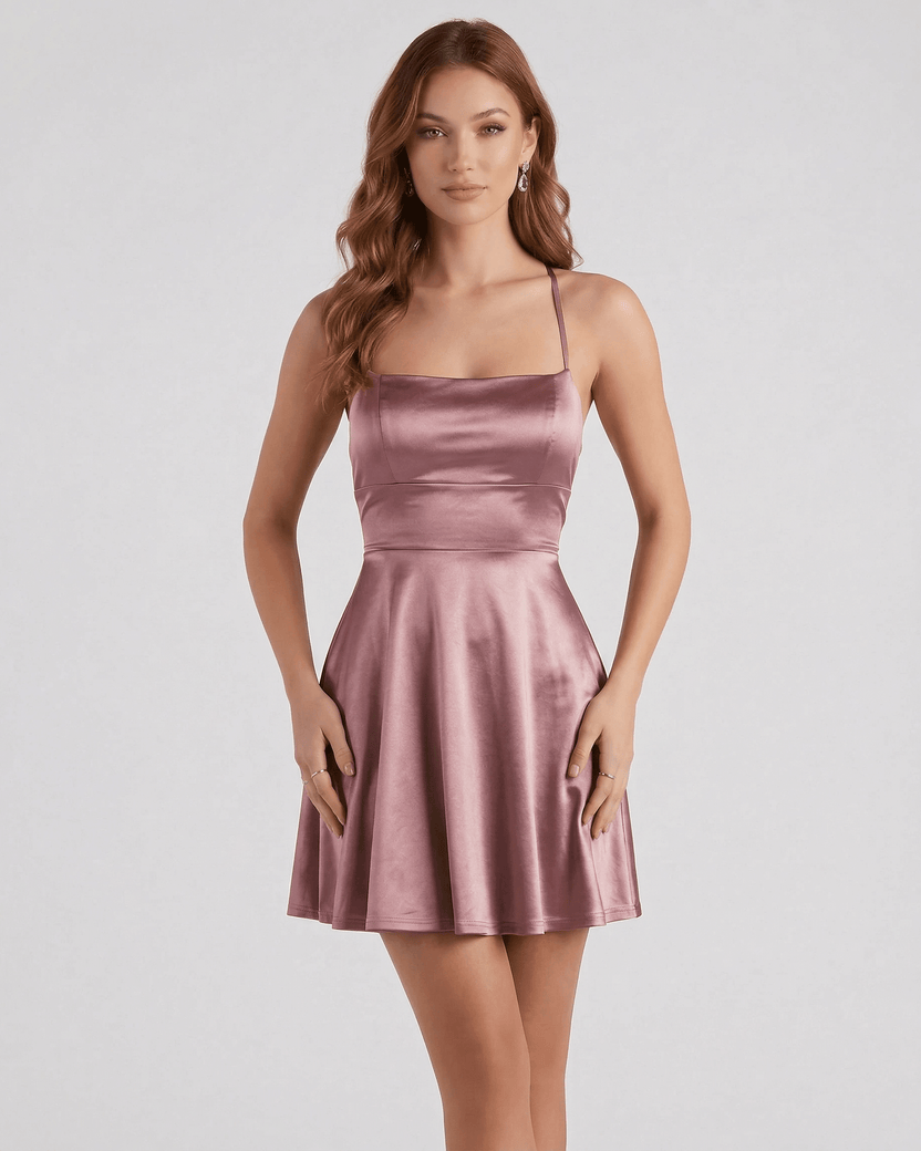 Rose Satin Mini dress by Lauven featuring a flattering A-line silhouette and elegant satin finish.