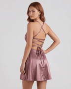 Rose Satin Mini dress by Lauven featuring an elegant lace back design and A-line silhouette.