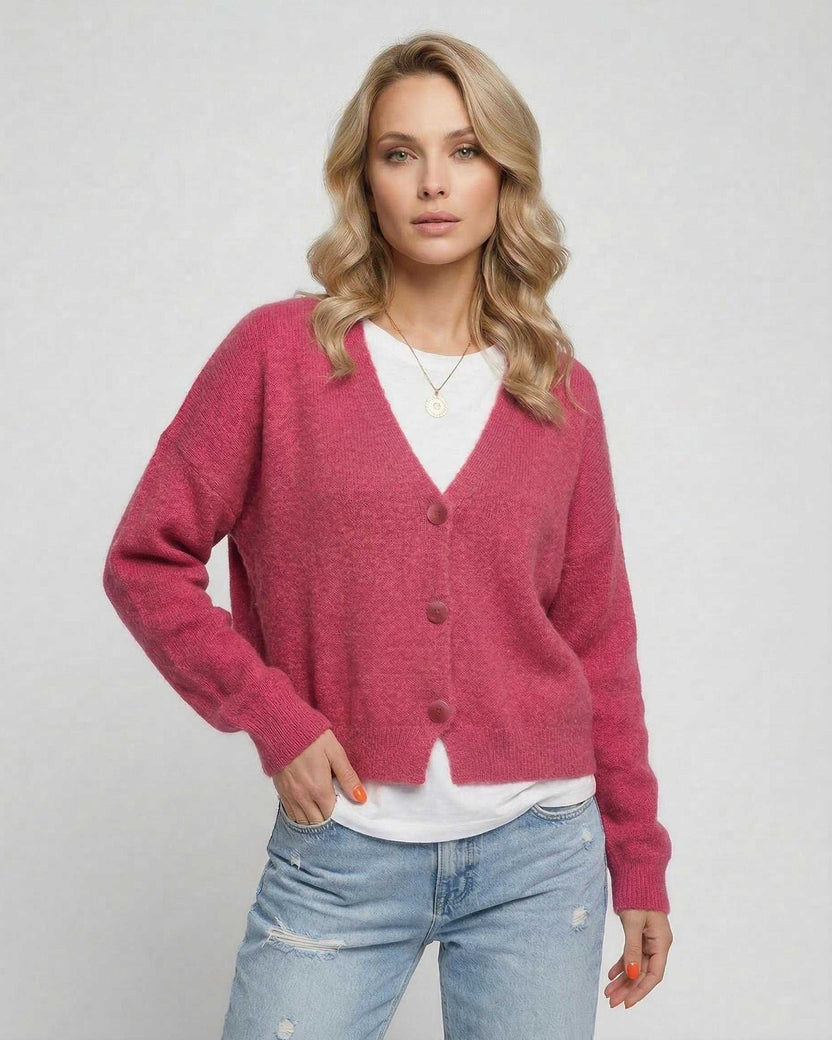 Rosea Cardigan by Lauven in vibrant pink, featuring a relaxed fit and button-down front for effortless style.