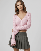 Roselle Cardigan: soft pink cropped cardigan with refined openwork detailing from Lauven, perfect for everyday styling.