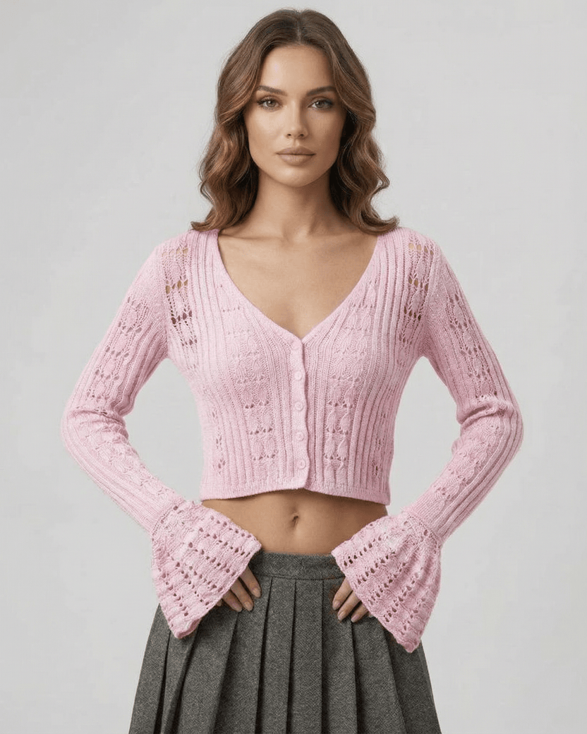 Roselle Cardigan in soft pink, featuring a cropped silhouette and openwork knit by Lauven for effortless style.