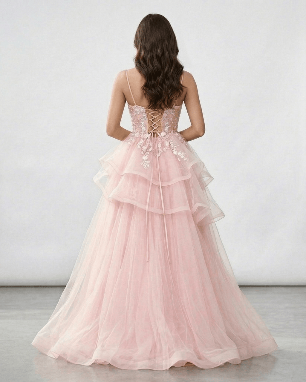 Roselle Maxi Dress with lace bodice, layered tulle skirt, and elegant blush pink color by Lauven.