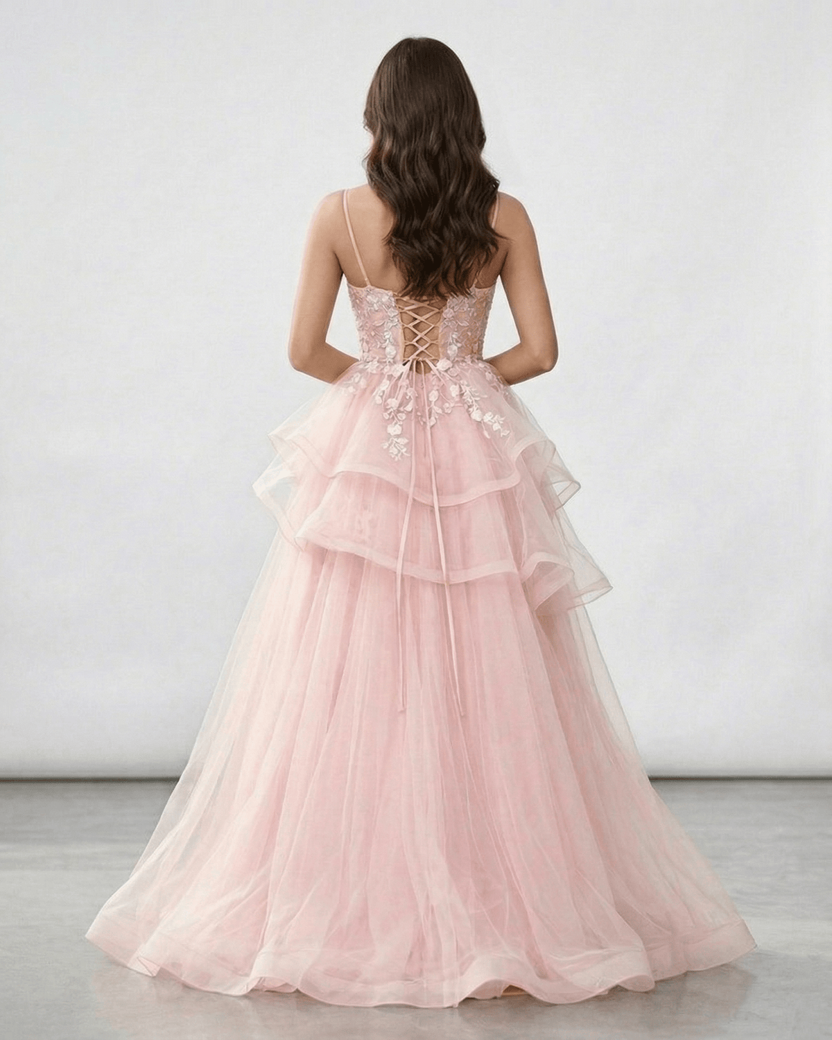 Roselle Maxi Dress with lace bodice, layered tulle skirt, and elegant blush pink color by Lauven.