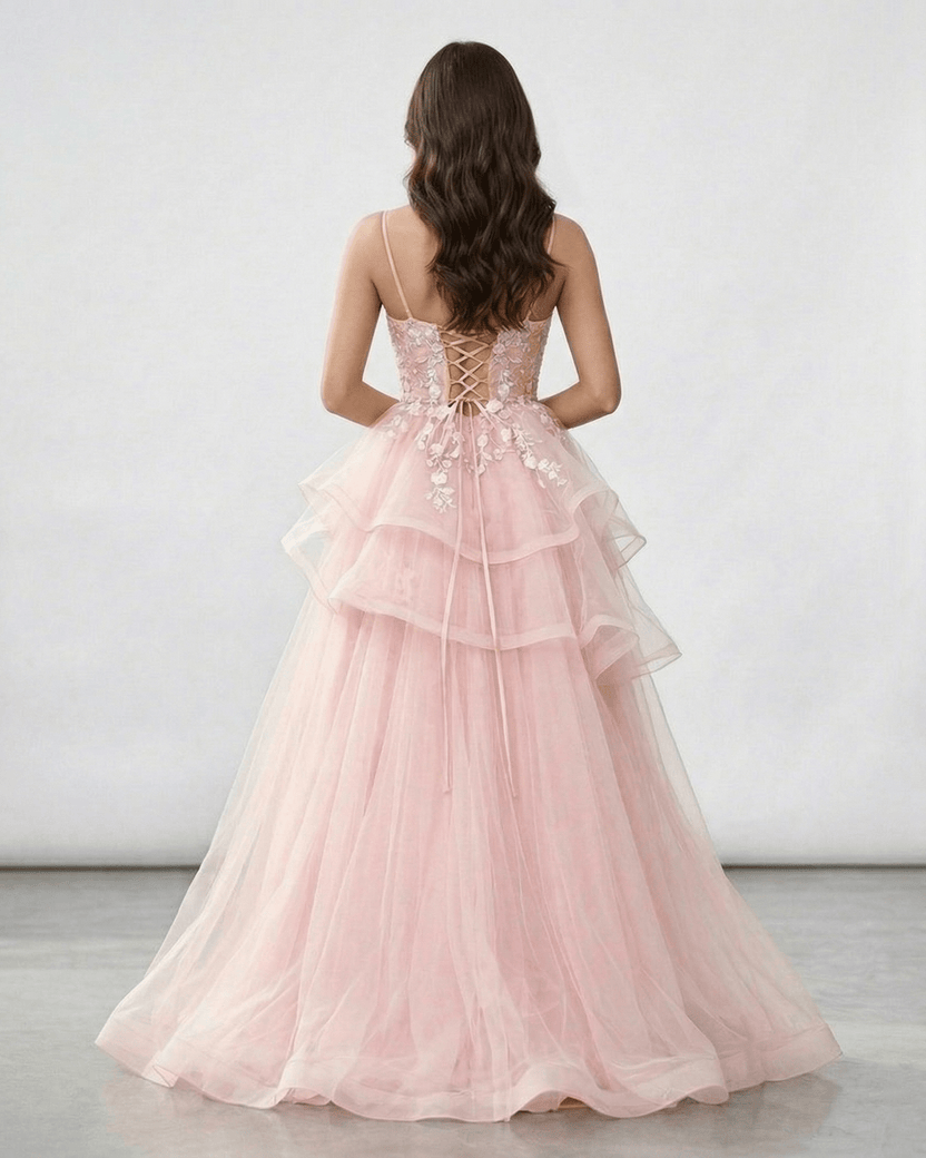 Roselle Maxi Dress with lace bodice, layered tulle skirt, and elegant blush pink color by Lauven.