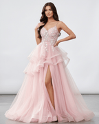 Roselle Maxi Dress featuring blush pink tulle, lace bodice, high slit, and elegant flow from Lauven.