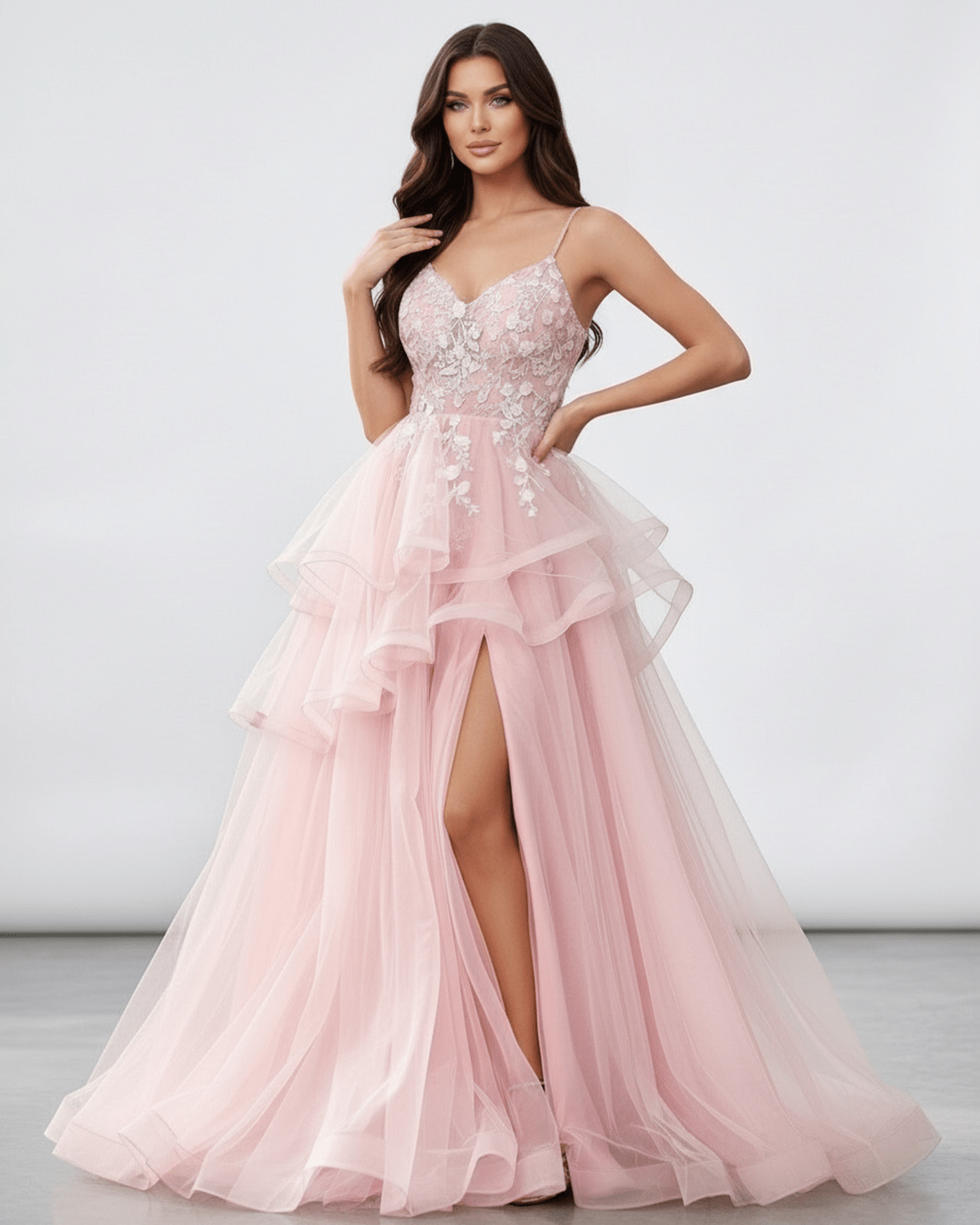 Roselle Maxi Dress featuring blush pink tulle, lace bodice, high slit, and elegant flow from Lauven.