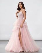 Roselle Maxi Dress with lace bodice and high slit, blush pink tulle for elegant formal occasions by Lauven.