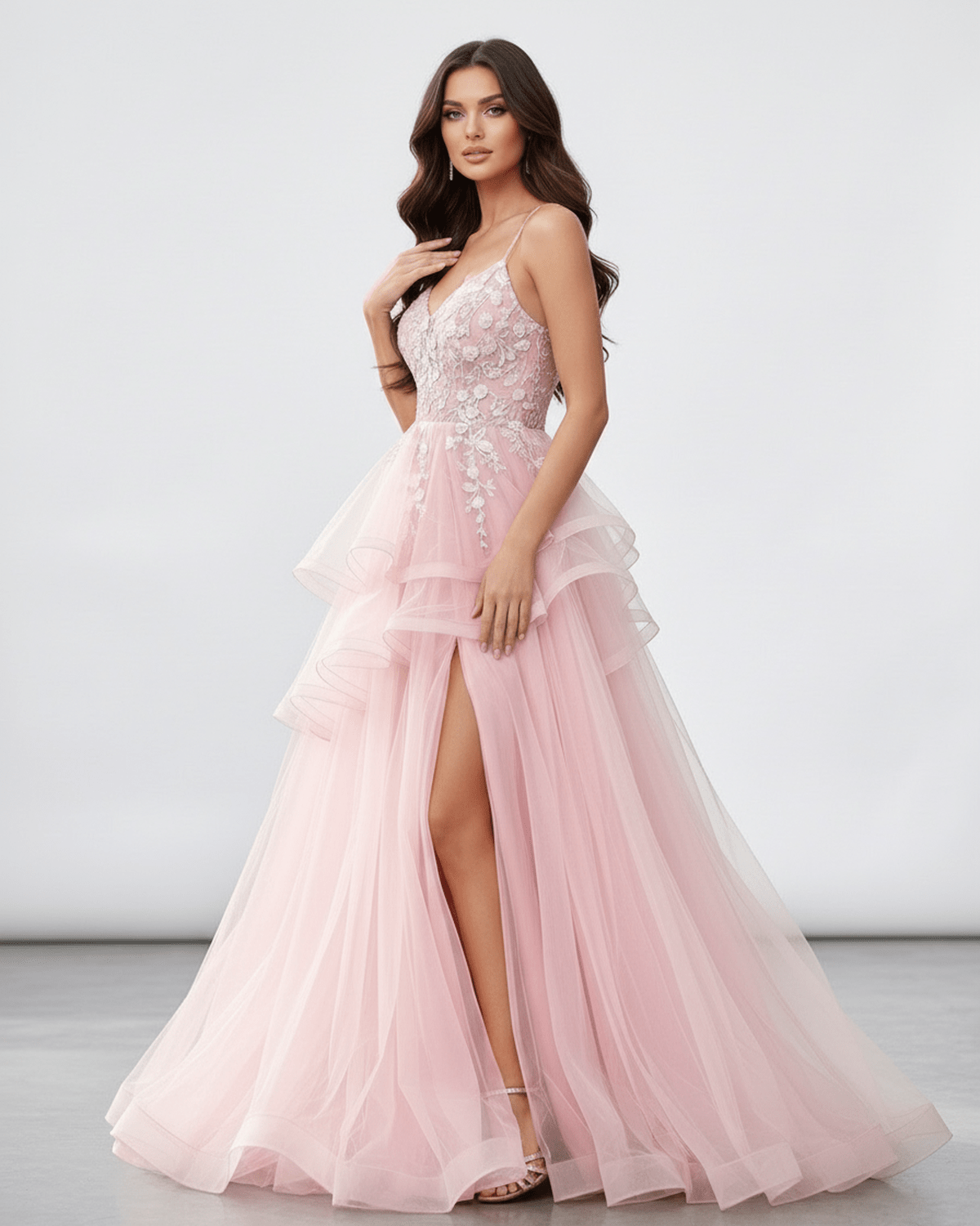 Roselle Maxi Dress with lace bodice and high slit, blush pink tulle for elegant formal occasions by Lauven.