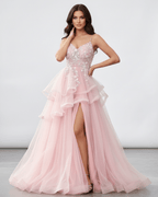 Roselle Maxi Dress featuring blush pink tulle, lace bodice, and high slit, by Lauven, perfect for elegant occasions.