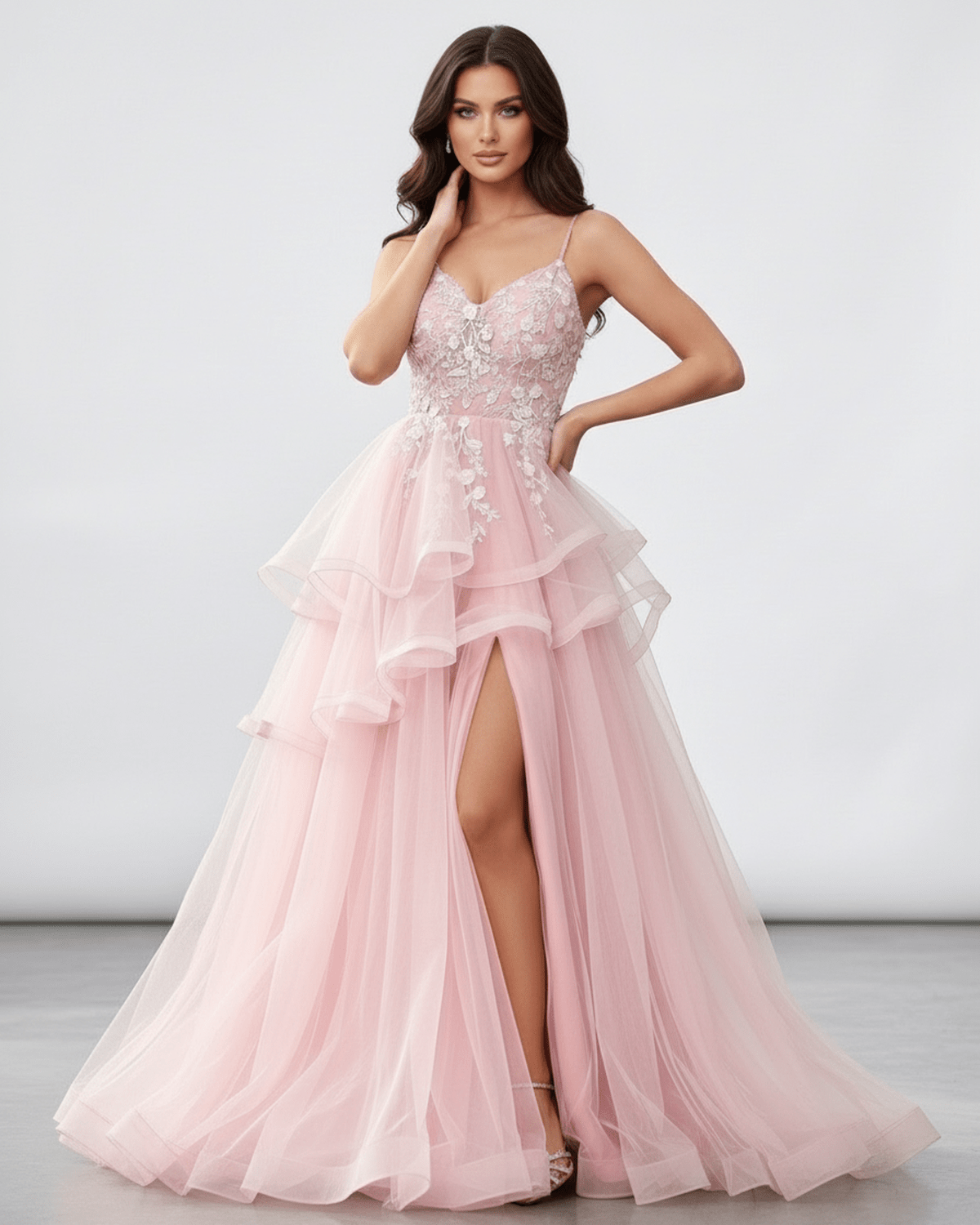 Roselle Maxi Dress featuring blush pink tulle, lace bodice, and high slit, by Lauven, perfect for elegant occasions.