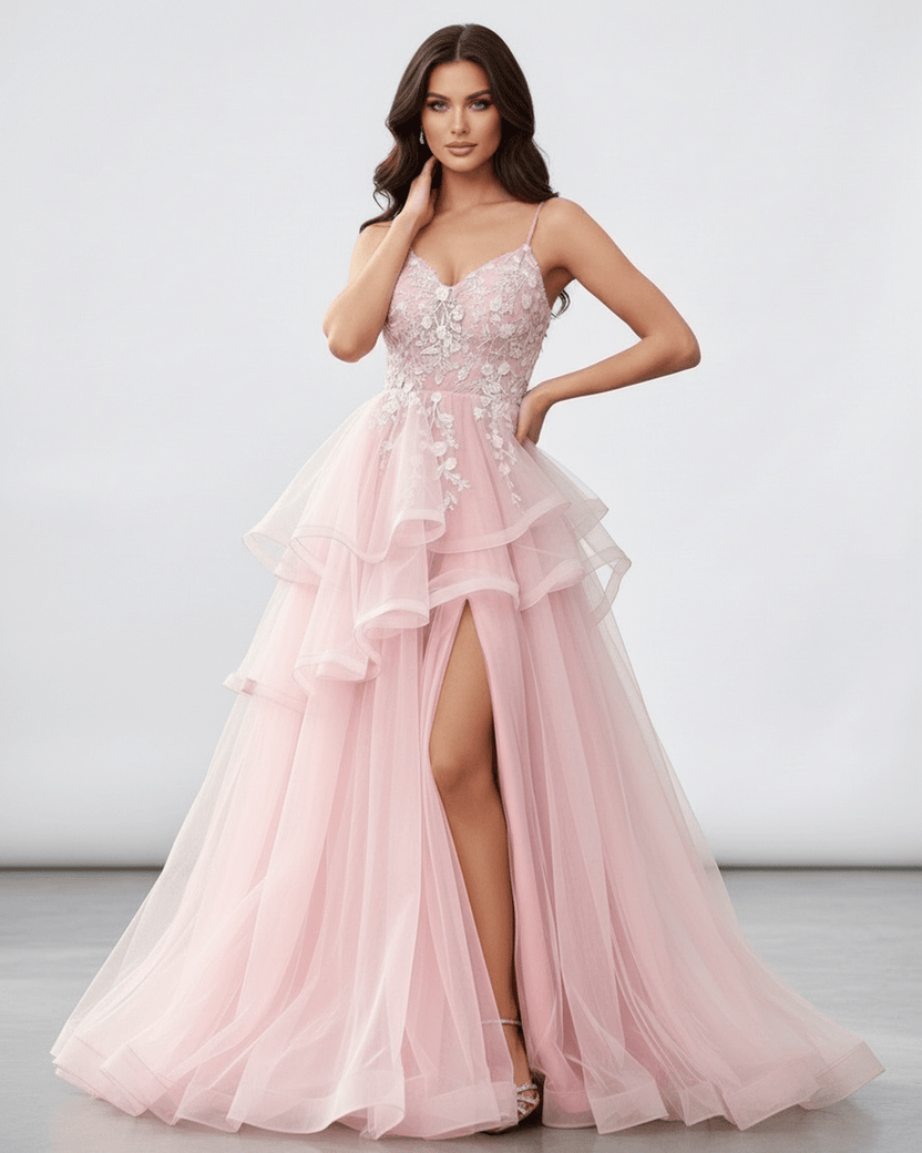 Roselle Maxi Dress featuring blush pink tulle, lace bodice, and high slit, by Lauven, perfect for elegant occasions.