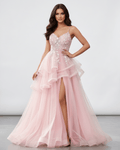 Roselle Maxi Dress in blush pink with lace bodice, high slit, and tulle skirt by Lauven, perfect for formal occasions.