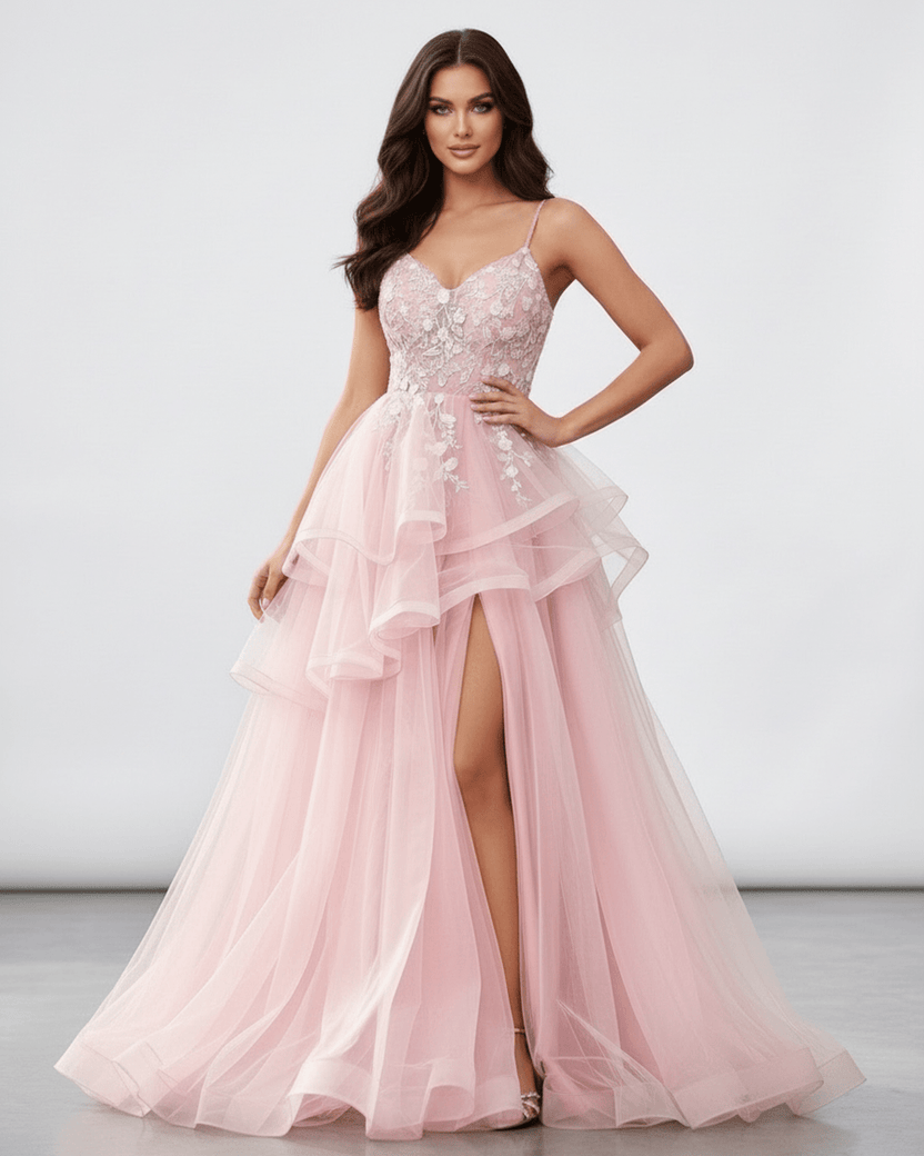 Roselle Maxi Dress in blush pink with lace bodice, high slit, and tulle skirt by Lauven, perfect for formal occasions.
