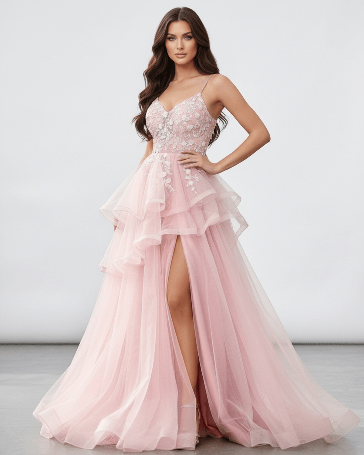 Roselle Maxi Dress - Blush Pink Tulle Dress with Lace Bodice, High Slit, elegant design by Lauven.